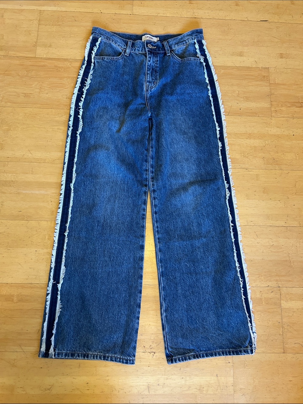 Blue Wide-Leg Flare Jeans with Frayed Side Panels
